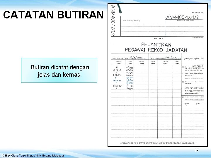 CATATAN BUTIRAN Butiran dicatat dengan jelas dan kemas 37 © Hak Cipta Terpelihara Arkib