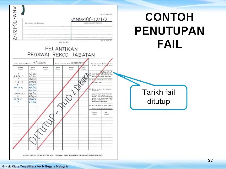 CONTOH PENUTUPAN FAIL Tarikh fail ditutup 52 © Hak Cipta Terpelihara Arkib Negara Malaysia