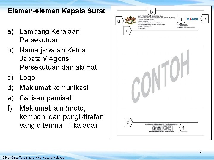 Elemen-elemen Kepala Surat a) Lambang Kerajaan Persekutuan b) Nama jawatan Ketua Jabatan/ Agensi Persekutuan