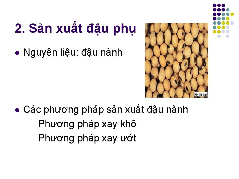 2. Sản xuất đậu phụ l Nguyên liệu: đậu nành l Các phương pháp