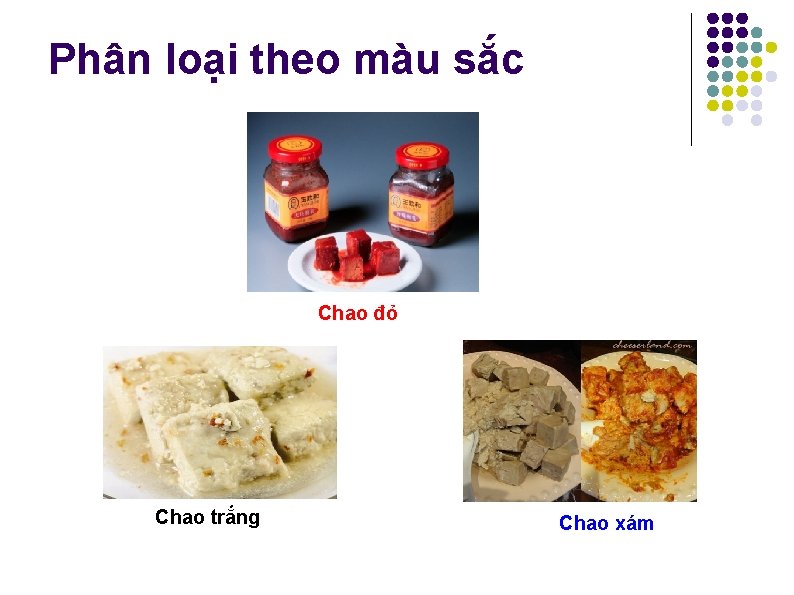 Phân loại theo màu sắc Chao đỏ Chao trắng Chao xám 