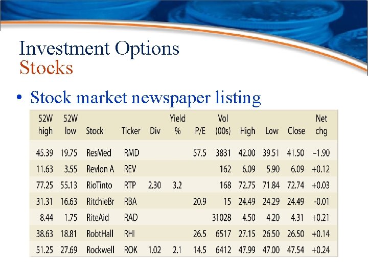 Investment Options Stocks • Stock market newspaper listing 