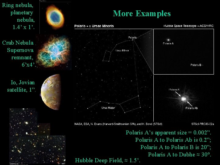 Ring nebula, planetary nebula, 1. 4’ x 1’. More Examples Crab Nebula Supernova remnant,