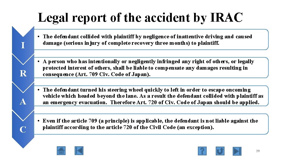 Legal report of the accident by IRAC I • The defendant collided with plaintiff