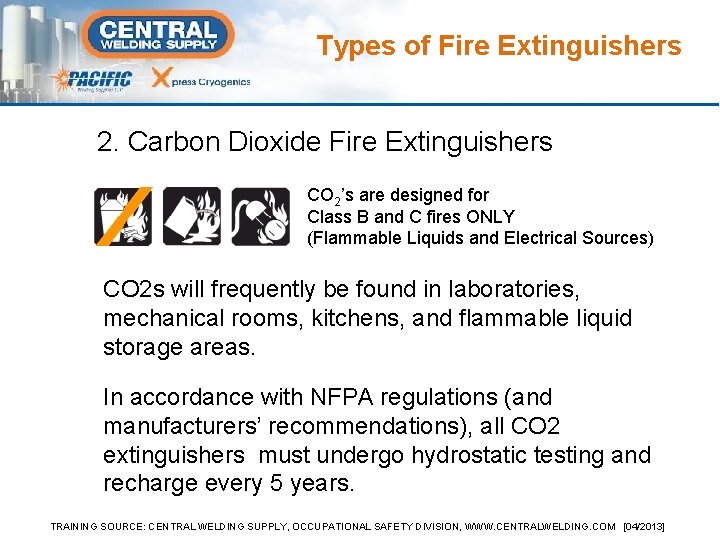 Types of Fire Extinguishers 2. Carbon Dioxide Fire Extinguishers CO 2’s are designed for