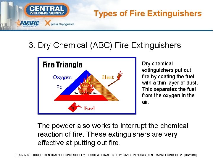 Types of Fire Extinguishers 3. Dry Chemical (ABC) Fire Extinguishers Dry chemical extinguishers put