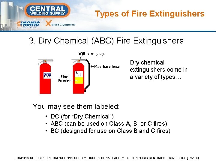 Types of Fire Extinguishers 3. Dry Chemical (ABC) Fire Extinguishers Dry chemical extinguishers come