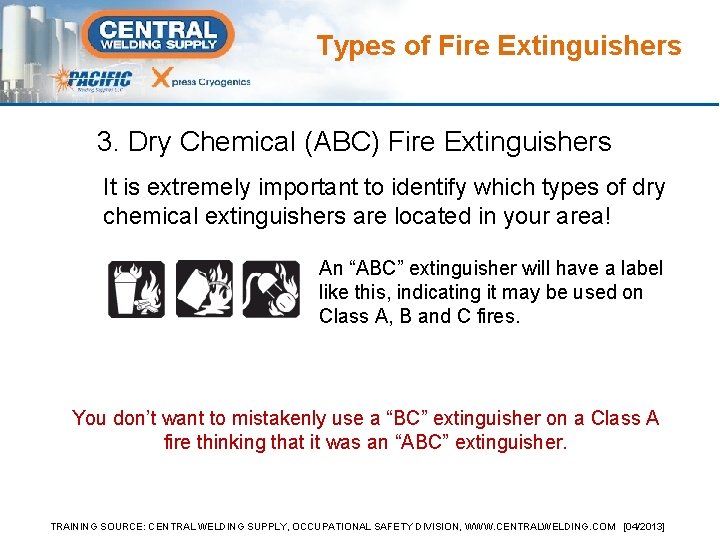 Types of Fire Extinguishers 3. Dry Chemical (ABC) Fire Extinguishers It is extremely important