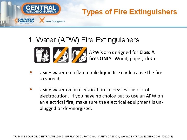 Types of Fire Extinguishers 1. Water (APW) Fire Extinguishers APW’s are designed for Class