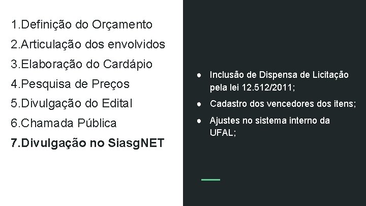 1. Definição do Orçamento 2. Articulação dos envolvidos 3. Elaboração do Cardápio 4. Pesquisa