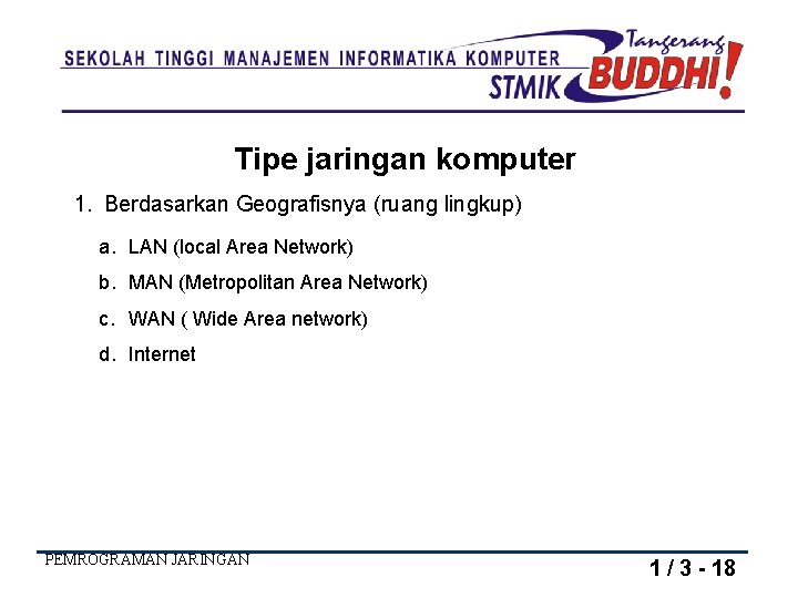 Tipe jaringan komputer 1. Berdasarkan Geografisnya (ruang lingkup) a. LAN (local Area Network) b.