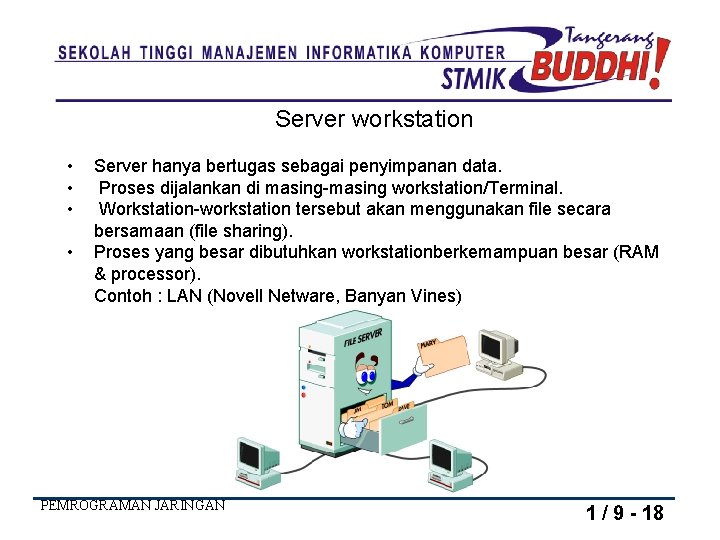 Server workstation • • Server hanya bertugas sebagai penyimpanan data. Proses dijalankan di masing-masing