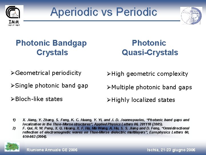 Aperiodic vs Periodic Photonic Bandgap Crystals Photonic Quasi-Crystals ØGeometrical periodicity ØHigh geometric complexity ØSingle