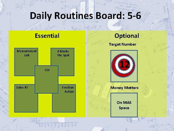 Daily Routines Board: 5 -6 Essential Optional Target Number Measurement Lab X Marks the