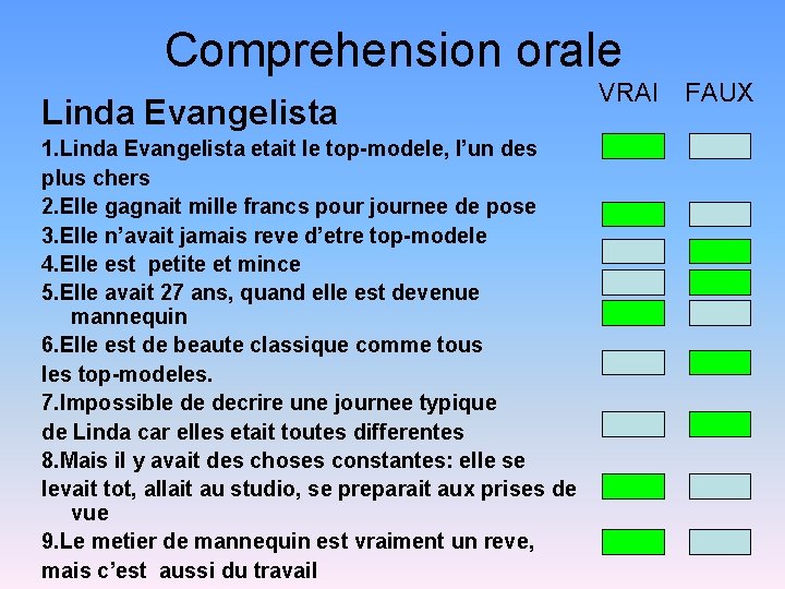 Comprehension orale Linda Evangelista 1. Linda Evangelista etait le top-modele, l’un des plus chers