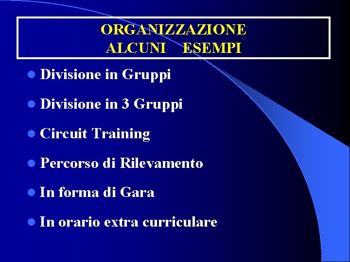 ORGANIZZAZIONE ALCUNI ESEMPI l Divisione in Gruppi l Divisione in 3 Gruppi l Circuit