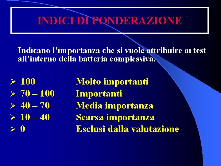 INDICI DI PONDERAZIONE Indicano l’importanza che si vuole attribuire ai test all’interno della batteria