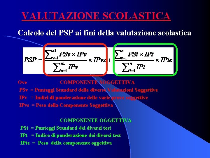 VALUTAZIONE SCOLASTICA Calcolo del PSP ai fini della valutazione scolastica Ove COMPONENTE SOGGETTIVA PSv