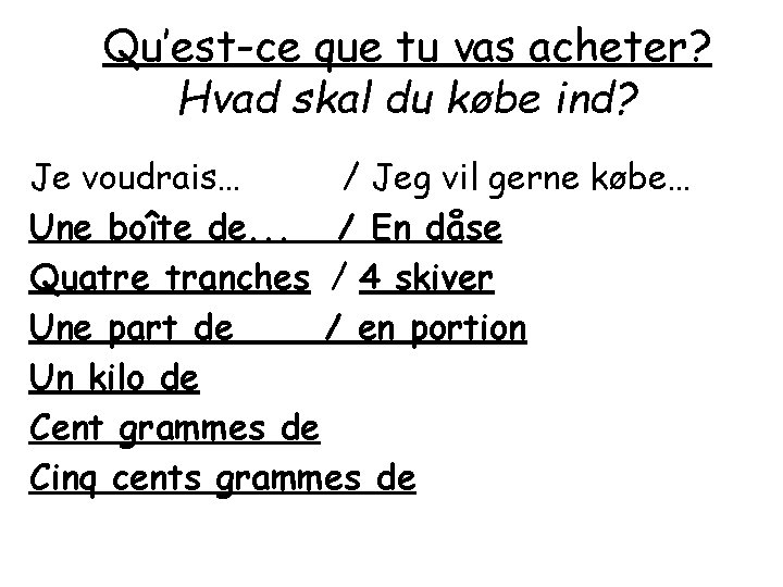 Qu’est-ce que tu vas acheter? Hvad skal du købe ind? Je voudrais… / Jeg