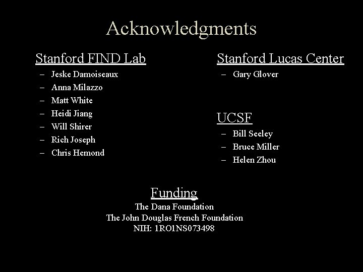 Acknowledgments Stanford FIND Lab – – – – Stanford Lucas Center – Gary Glover