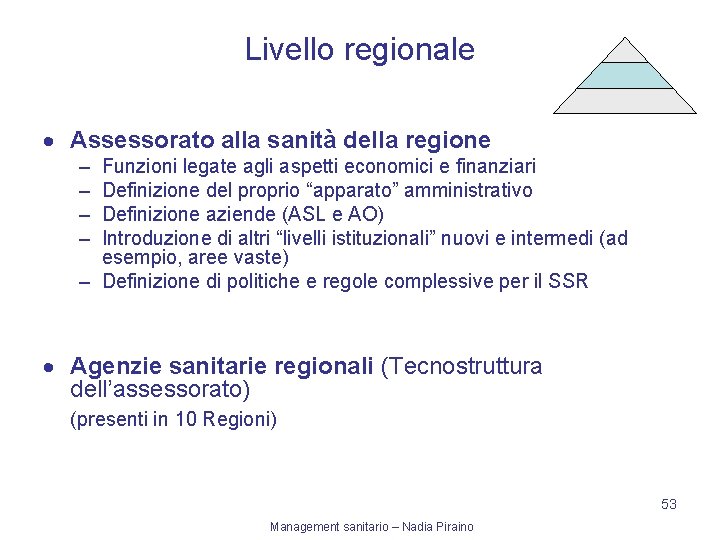 Livello regionale · Assessorato alla sanità della regione – – Funzioni legate agli aspetti