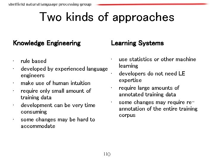 Two kinds of approaches Knowledge Engineering Learning Systems • • rule based developed by