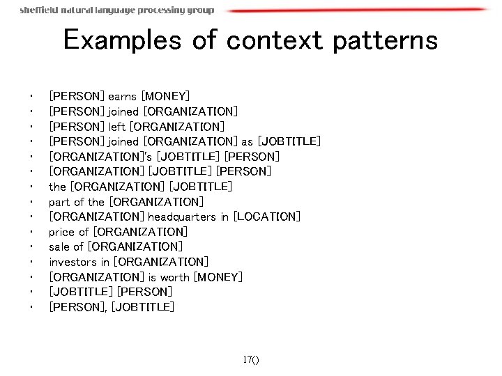 Examples of context patterns • • • • [PERSON] earns [MONEY] [PERSON] joined [ORGANIZATION]