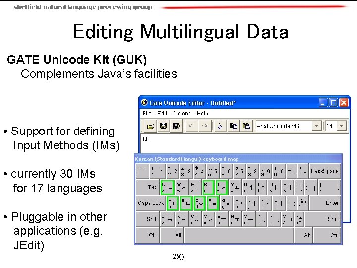 Editing Multilingual Data GATE Unicode Kit (GUK) Complements Java’s facilities • Support for defining