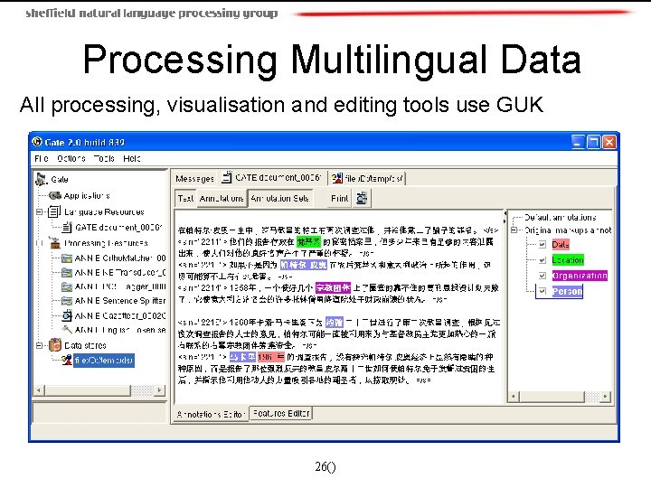 Processing Multilingual Data All processing, visualisation and editing tools use GUK 26() 