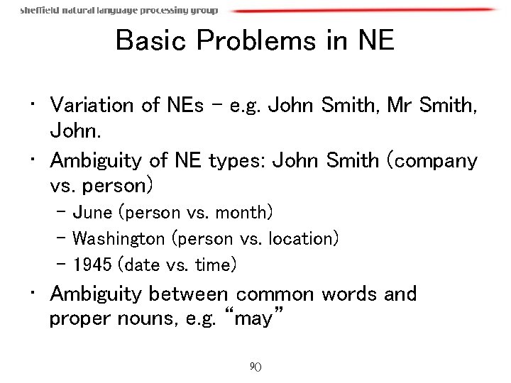 Basic Problems in NE • Variation of NEs – e. g. John Smith, Mr