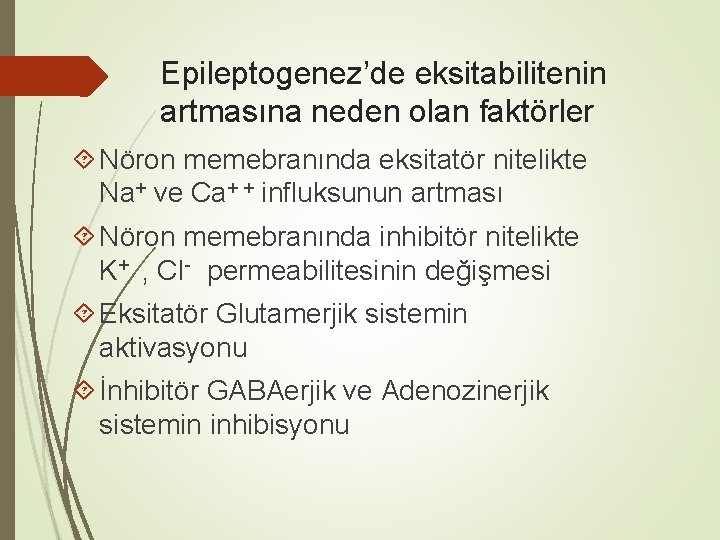 Epileptogenez’de eksitabilitenin artmasına neden olan faktörler Nöron memebranında eksitatör nitelikte Na+ ve Ca+ +