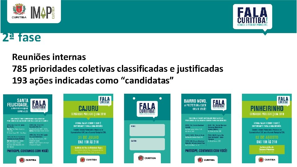 2ª fase Reuniões internas 785 prioridades coletivas classificadas e justificadas 193 ações indicadas como