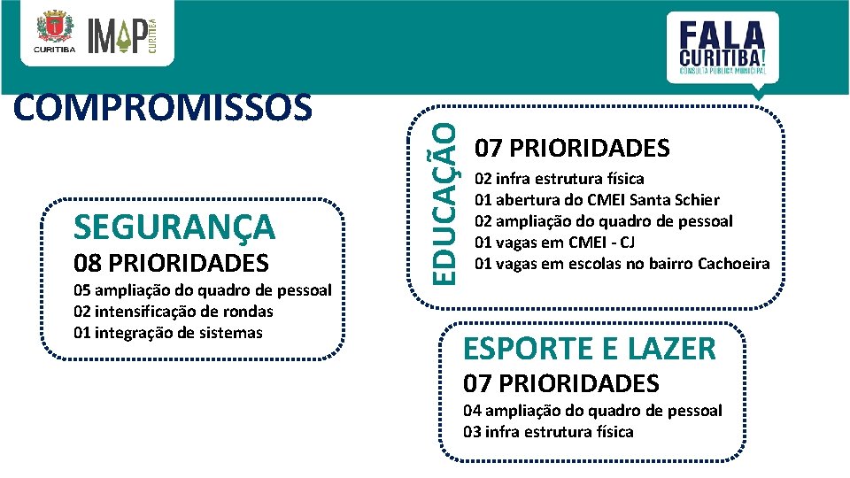SEGURANÇA 08 PRIORIDADES 05 ampliação do quadro de pessoal 02 intensificação de rondas 01