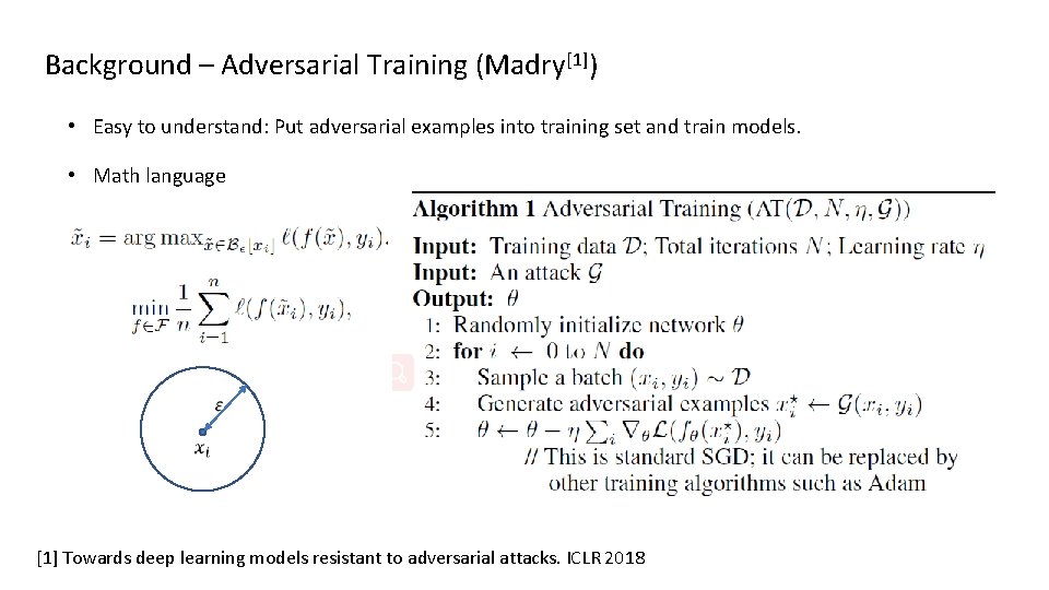 Background – Adversarial Training (Madry[1]) • Easy to understand: Put adversarial examples into training