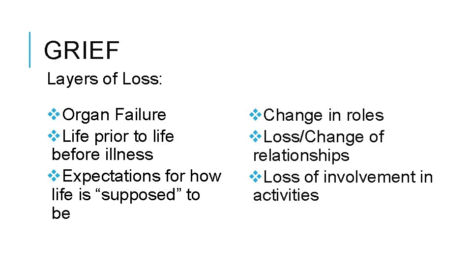 GRIEF Layers of Loss: v. Organ Failure v. Life prior to life before illness