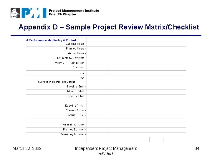 Appendix D – Sample Project Review Matrix/Checklist March 22, 2009 Independent Project Management Reviews