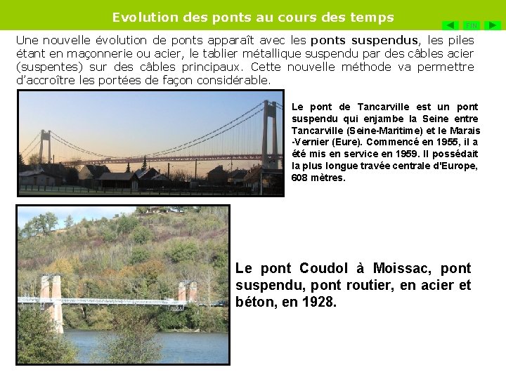 Evolution des ponts au cours des temps FIN Une nouvelle évolution de ponts apparaît