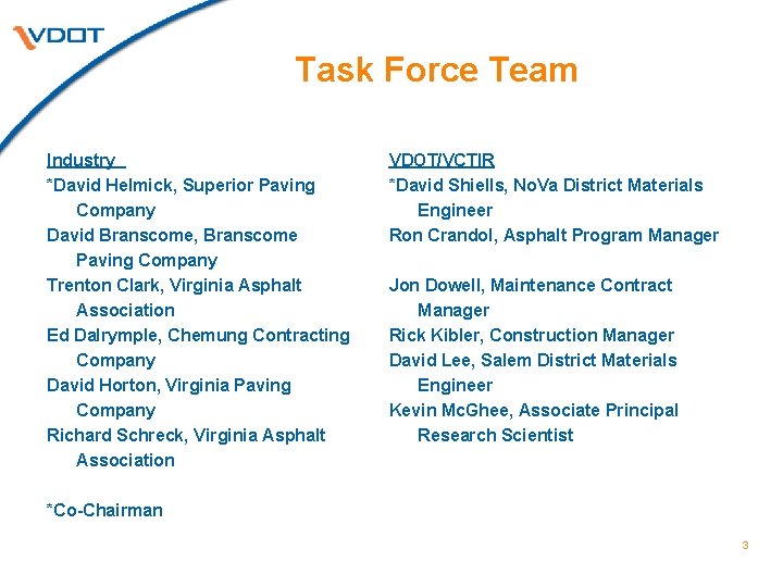 Task Force Team Industry *David Helmick, Superior Paving Company David Branscome, Branscome Paving Company