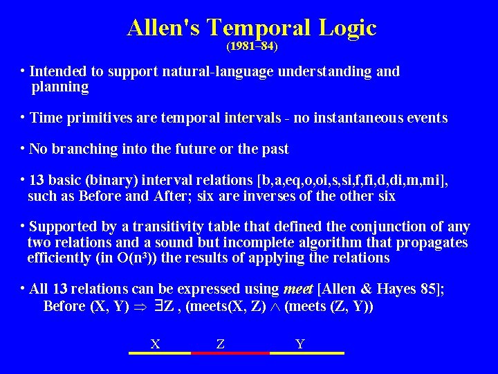 Allen's Temporal Logic (1981– 84) • Intended to support natural-language understanding and planning •