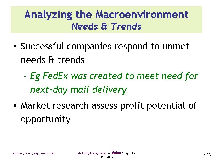 Analyzing the Macroenvironment Needs & Trends § Successful companies respond to unmet needs &