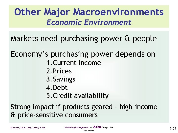 Other Major Macroenvironments Economic Environment Markets need purchasing power & people Economy’s purchasing power