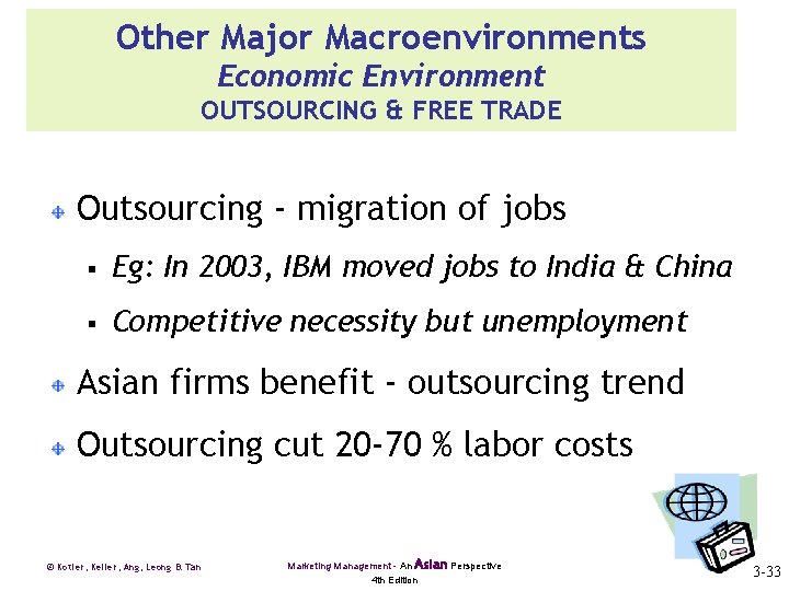 Other Major Macroenvironments Economic Environment OUTSOURCING & FREE TRADE Outsourcing - migration of jobs