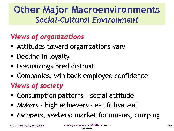 Other Major Macroenvironments Social-Cultural Environment Views of organizations § Attitudes toward organizations vary §