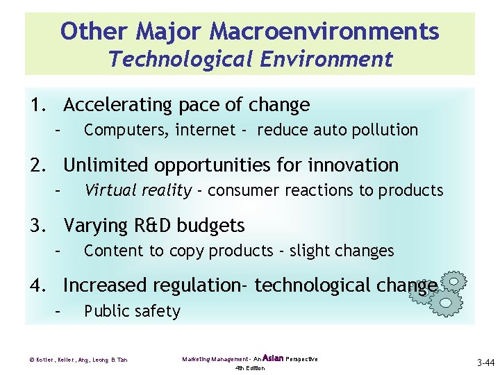 Other Major Macroenvironments Technological Environment 1. Accelerating pace of change – Computers, internet -