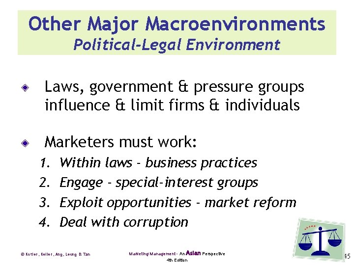 Other Major Macroenvironments Political-Legal Environment Laws, government & pressure groups influence & limit firms