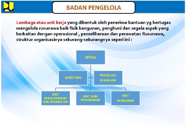 BADAN PENGELOLA Lembaga atau unit kerja yang dibentuk oleh penerima bantuan yg bertugas mengelola