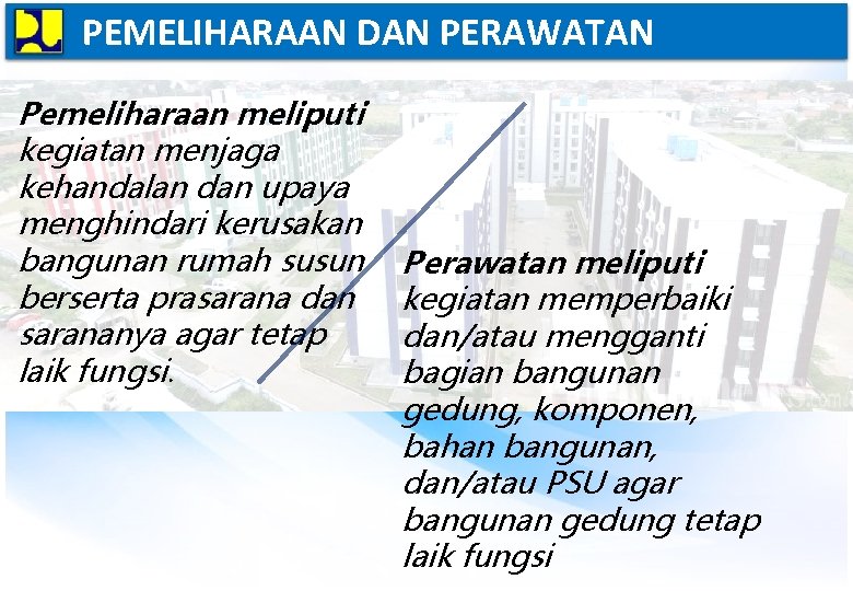 PEMELIHARAAN DAN PERAWATAN Pemeliharaan meliputi kegiatan menjaga kehandalan dan upaya menghindari kerusakan bangunan rumah