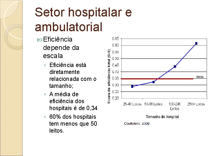 Setor hospitalar e ambulatorial Eficiência depende da escala ◦ Eficiência está diretamente relacionada com