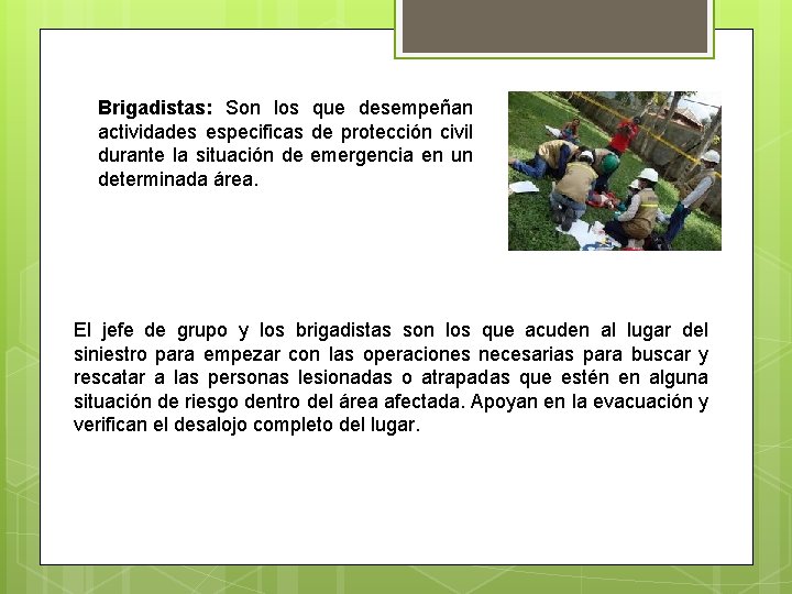 Brigadistas: Son los que desempeñan actividades especificas de protección civil durante la situación de