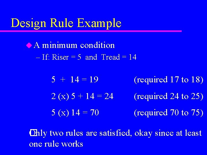 Design Rule Example u. A minimum condition – If: Riser = 5 and Tread